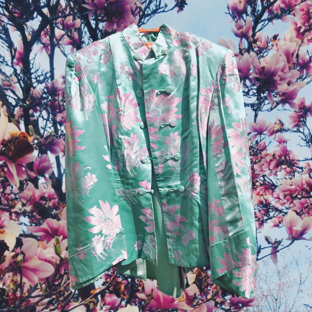 Vintage Kimono Brocade Jacket Green And Pink-SOLD